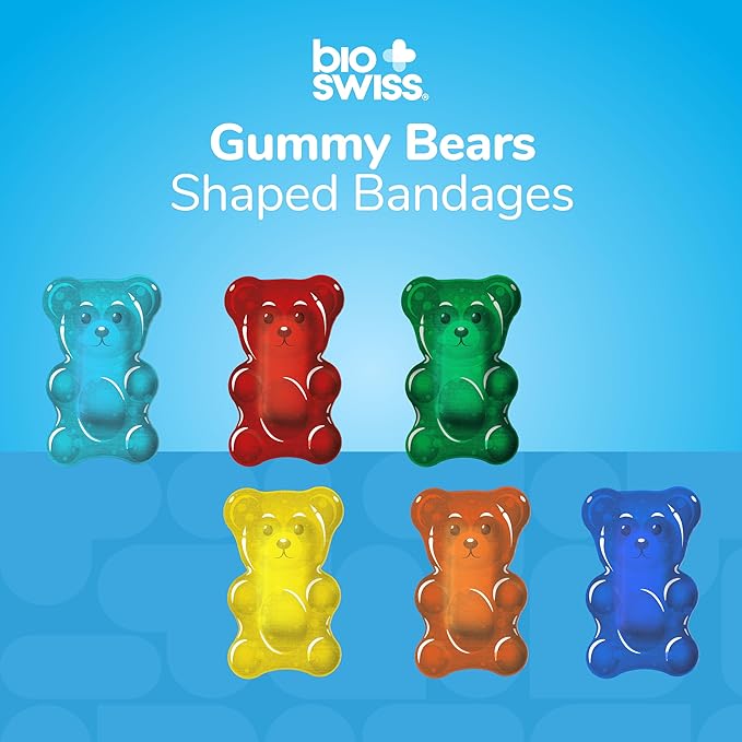 BioSwiss Bandages, Gummy Bear Shaped Self Adhesive Bandage Set, Latex Free, Sterile Wound Care, 24 Count
