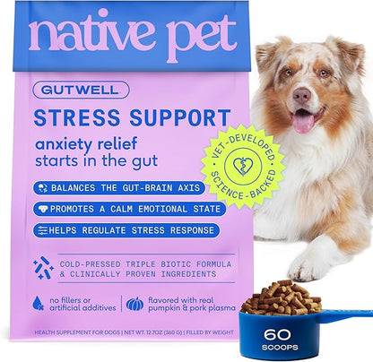 Native Pet GutWell Stress Support - Dog Anxiety Relief & Calming Supplement - Promotes Emotional Wellbeing, Regulates Stress Response & Balances Gut-Brain Axis - Triple-Biotic & Magnesium - 60 Scoops