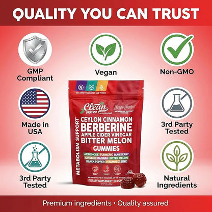 Sugar Savior Ceylon Cinnamon Berberine Gummies Apple Cider Vinegar Artichoke Turmeric Blueberry Ginseng Banaba Bitter Melon Black Pepper Vitamin D Zinc GLP1 Gummies 60 Count by Clean Nutra