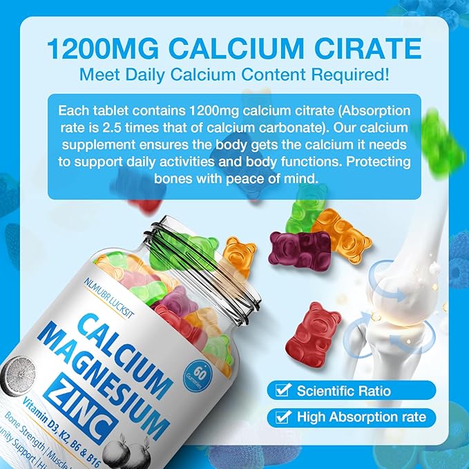 1200mg Calcium Gummies with Vitamin D3,K2,B6 Calcium Citrate Magnesium Zinc for Bonе & Immune Support, Calcium Supplements for Women&Men 120 Chews