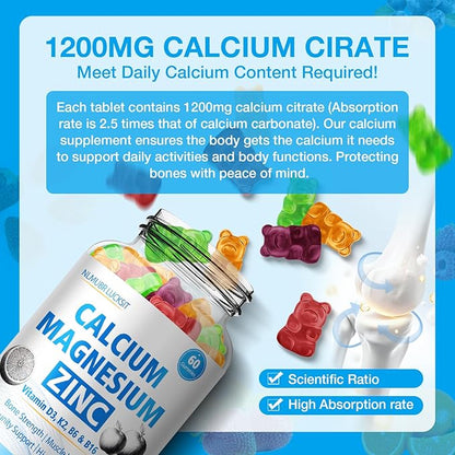 1200mg Calcium Gummies with Vitamin D3,K2,B6 Calcium Citrate Magnesium Zinc for Bonе & Immune Support, Calcium Supplements for Women&Men 120 Chews
