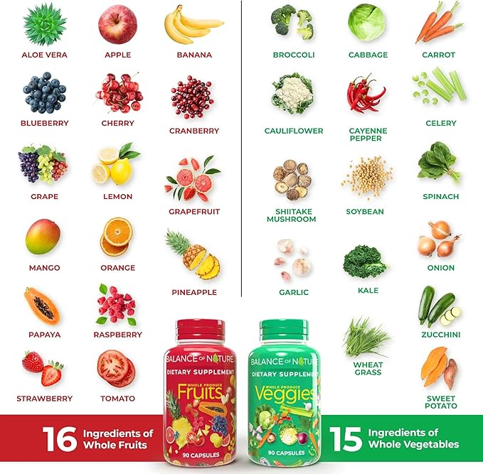 Balance of Nature Fruits & Veggies Supplements - Whole Fruit and Vegetable Ingredients for Women, Men, and Kids - 90 Fruits Capsules, 90 Veggies Capsules - 1 Set