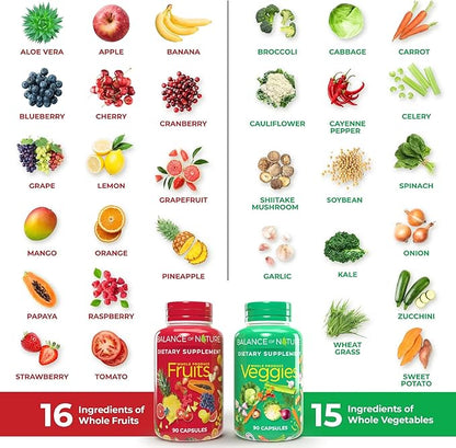 Balance of Nature Fruits & Veggies Supplements - Whole Fruit and Vegetable Ingredients for Women, Men, and Kids - 90 Fruits Capsules, 90 Veggies Capsules - 1 Set