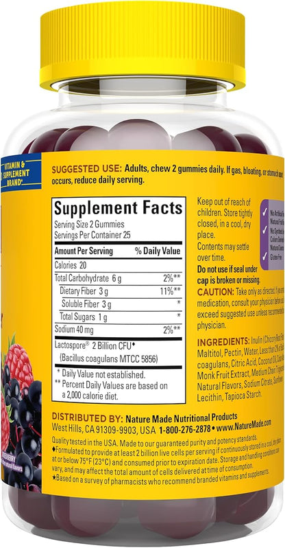 Nature Made Probiotic + Prebiotic Fiber Gummies for Daily Gut Health,Fiber Supplement with Probiotics for Digestive Health Support,50 Gummies,25 Day Supply,(Pack of 2)