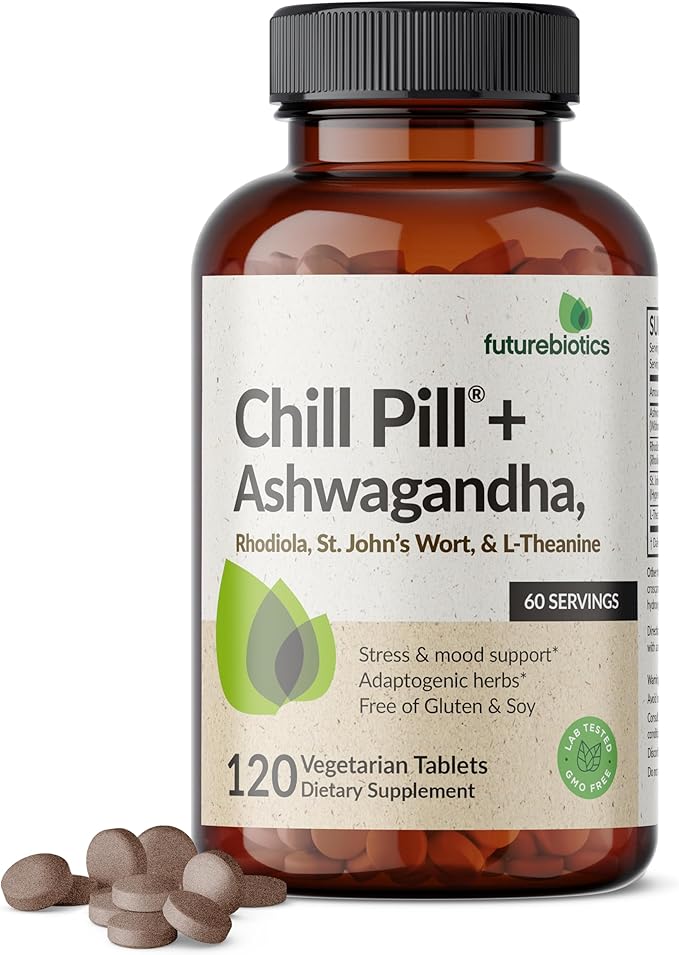 Futurebiotics Chill Pill + Ashwagandha, Rhodiola, St. John’s Wort, & L-Theanine - Non-GMO, 120 Vegetarian Tablets
