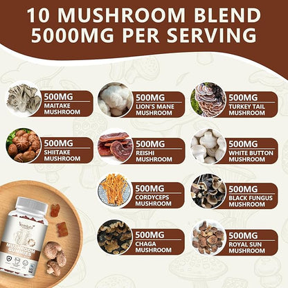 2 Packs 5000MG Mushroom Gummies -10 Blend Organic Mushroom Supplement containing Lion's Mane and Reishi for Brain and Immune Boosting, Blueberry Flavor, Non-GMO, 120 Counts