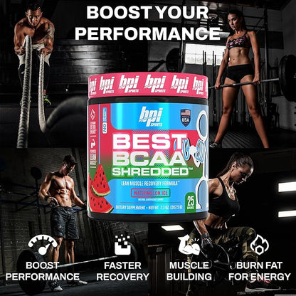 BPI Sports Best BCAA Shredded - Caffeine Free Thermogenic Recovery Drink, Lean Muscle Building BCAA Powder For Women and Men, Preworkout BCAAs Amino Acids Drink- Watermelon ICE - 25 Servings