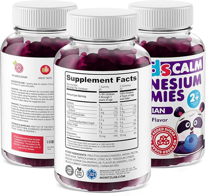 Dr. Moritz Kids Magnesium Gummies, No Sugar Added and Non-GMO Magnesium Supplement, Calm Kids Chewables with Blueberry Flavor, 60 Gummies