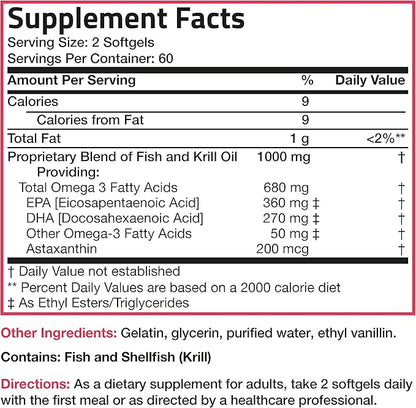 Bronson Omega-3 Fish + Krill Oil 1000 MG EPA DHA Astaxanthin Premium Blend - Joint, Brain & Eye Health - Non GMO, Heavy Metal Tested, 120 Softgels