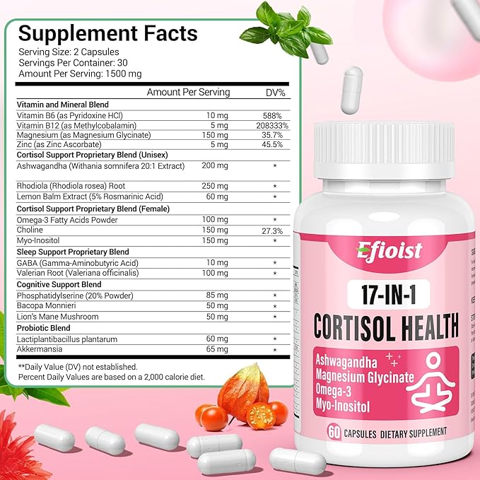 Cortisol Supplement for Women, 17-in-1 Cortisol Reducer, Hormone Harmony for Women, Cortisol Manager with Ashwagandha, Magnesium Glycinate, 30 Capsules
