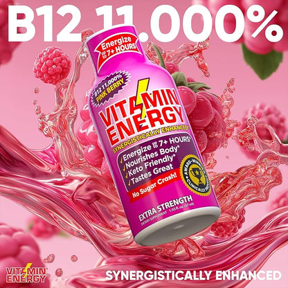 Vitamin Energy B12 11,000% Extra Strength Energy Shot Pink Berry 24 Pack, 260mg Natural Caffeine, B12 & B6, Nootropic Focus, Vitality, Zero Sugar, Gluten-Free, Vegan, Kosher, 1.93 fl oz
