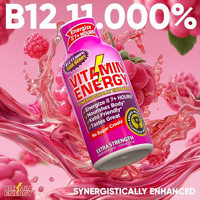 Vitamin Energy B12 11,000% Extra Strength Energy Shot Pink Berry 12 Pack, 260mg Natural Caffeine, B12 & B6, Nootropic Focus, Vitality, Zero Sugar, Gluten-Free, Vegan, Kosher, 1.93 fl oz