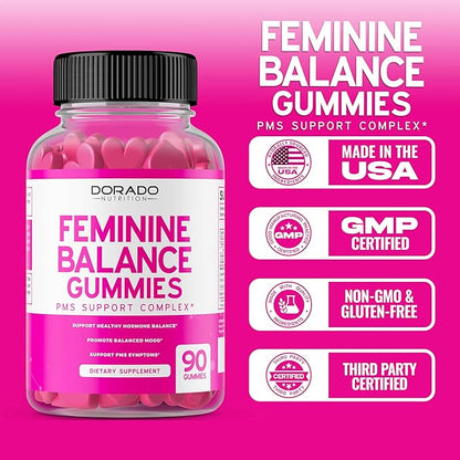Feminine Balance For Women Gummies & PMS Gummies (90 Count) - Natural Feminine Balance for Women - Cramps, Bloating, Mood Swings, Hot Flashes - Formulated with Cranberry, Dong Quai & Chasteberry