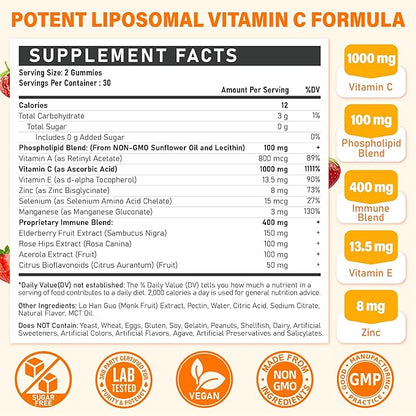 Liposomal Vitamin C Gummies 1000mg for Adults: Vitamin C Chewable Gummy with Zinc, Elderberry, Vitamins A & E