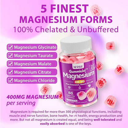 Sugar-Free Magnesium Gummies 400mg | 5-in-1 Complex Magnesium: Glycinate, Citrate, Malate, Chloride & Taurate | with Ashwagandha, Vitamin D3 & Zinc | Calm, Mood & Energy Support | Vegan, 2-Pack