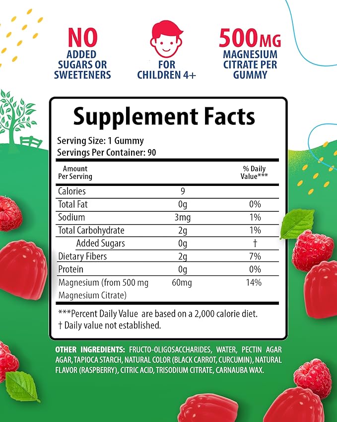 Sugar-Free Magnesium Gummies for Kids & Teens – 500mg Magnesium Citrate – Chewable Supplement for Calm, Mood & Nighttime Wind-Down – 90-Day Supply
