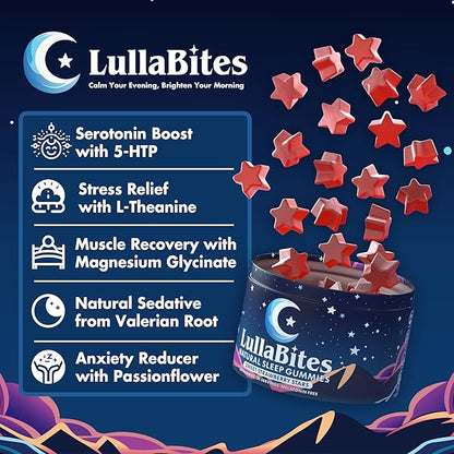 LullaBites - Natural Sleep Gummies - Made in USA - With 5-HTP, L-Theanine, Magnesium & Valerian Root - Melatonin Free - Vegan - Halal - Sugar, Gluten Free - Sweet Strawberry - 60 Gummies - 30 Servings