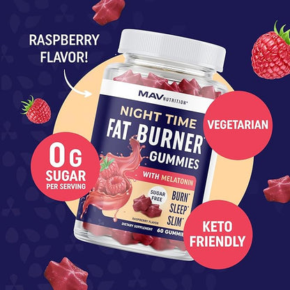 Night Time Fat Burner Gummies with Melatonin for Sleep & Weight Loss Support | Hunger Suppressant & Metabolism Booster, Shred Belly Fat While You Sleep | Diet Supplement for Women & Men | 60 Ct