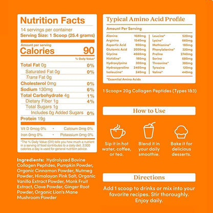 Further Food Pumpkin Spice Collagen Peptides Powder with Lion’s Mane Mushroom – 100% Grass-Fed, Hydrolyzed Type 1 & 3, 20g of Collagen per Serving, Supports Skin, Hair, Nails & Focus, 9.88 Oz