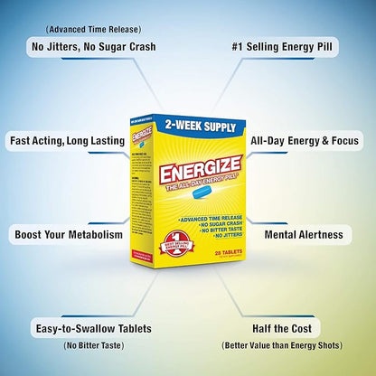 Energize Caffeine Pills - Fast Acting Energy Pill - Healthy Focus Brain Supplement - Improved Performance, Alertness, and Clarity - All Day Energy, No Jitters, No Crash - 28 Time Released Tablets
