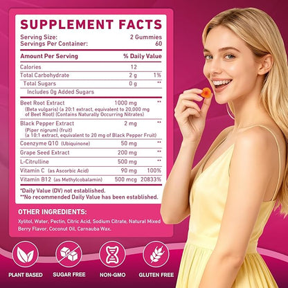 Beetroot Gummies - Beet Root for High Blood Pressure Supplements with Grape Seed Extract + CoQ10 + Black Pepper Extract + L-Citrulline + Vitamin C B12 Ultimate Heart for Blood Flow & Energy, 120 Count