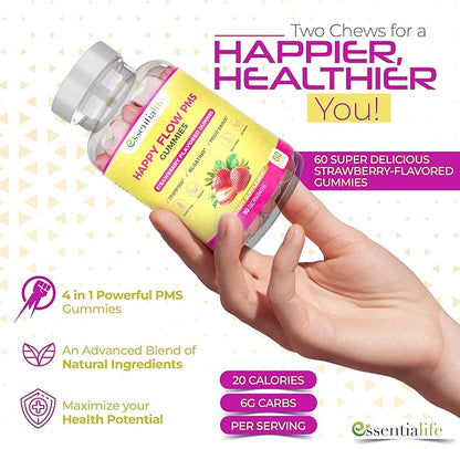 PMS Gummies - Happy Flow PMS Support Supplement for Women - Strawberry PMS Relief Supplement with Vitamin B6 for Hormone Balance, Period Support, Cramps, Hormonal Acne & Bloating Relief (60 Count)