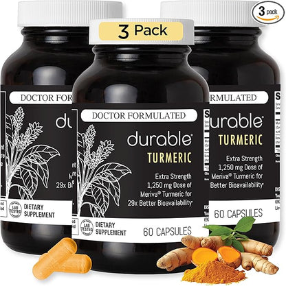 Durable Turmeric - 1250 mg Meriva Curcumin, 29X More Absorption + Boswellia – Joint Comfort, Mobility & Healthy Inflammation – Doctor Formulated, Vegan, Non-GMO, Made in USA (180 Capsules)