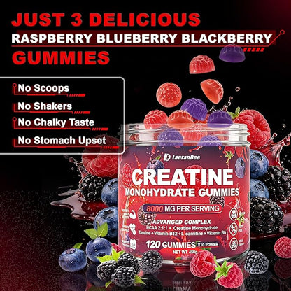 Creatine Monohydrate Gummies for Men & Women with L-Carnitine & Taurine – Pre-Workout Supplement for Muscle Strength, Energy Boost – Sugar Free, Vegan, Berry Flavor, Chewable Gummy 120 Count