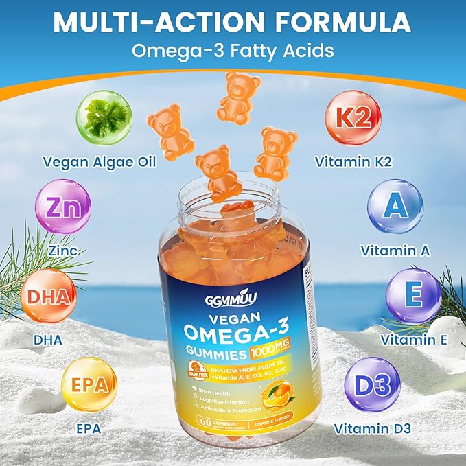 Vegan Omega 3 Gummies 1000MG Algal Oil Omega 3 Supplement for Adults with Algae DHA 600mg & EPA 300mg Fish Oil Alternative - for Eye & Immune Health, No Fish Taste, Orange Flavor, 60 Count