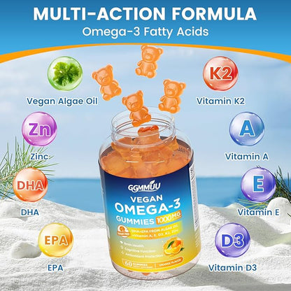Vegan Omega 3 Gummies 1000MG Algal Oil Omega 3 Supplement for Adults with Algae DHA 600mg & EPA 300mg Fish Oil Alternative - for Eye & Immune Health, No Fish Taste, Orange Flavor, 60 Count