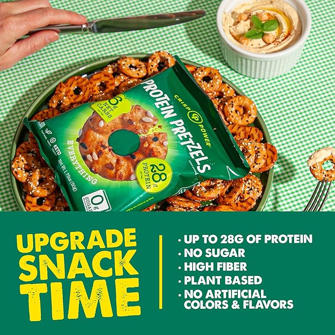 CRISP POWER Protein Pretzels, Everything, 28G Protein, High Protein Snack, High Fiber, Low Carb Crunchy Pretzel Snacks, No Added Sugar, 1.75 oz Bags, 24 Pack, Vegan, Keto