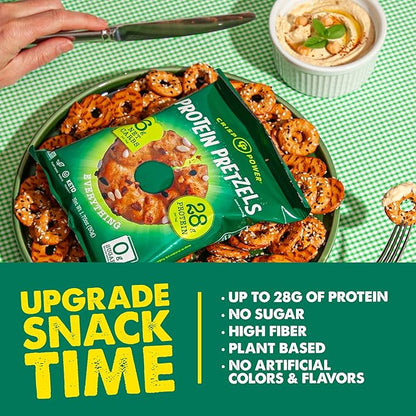 CRISP POWER Protein Pretzels, Everything, 28G Protein, High Protein Snack, High Fiber, Low Carb Crunchy Pretzel Snacks, No Added Sugar, 1.75 oz Bags, 24 Pack, Vegan, Keto