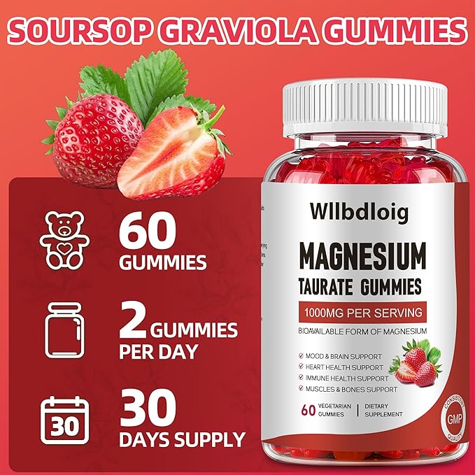 Magnesium Taurate Gummies, 1000mg Complex Magnesium Taurate Glycinate Citrate Gummies -High Absorption & Sugar Free, Muscle,Sleep and Heart Health Support, Vegan, Gluten Free, 60 Counts