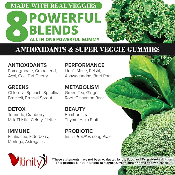 VITINITY Super Greens Multivitamin Gummies | Made with 30 Real Superfood Veggies, Herbs, Fruit for Adults & Kids to Boost Immunity, Skin & Gut Health | Non-GMO, Gluten-Free & Sugar-Free 60-Day Supply