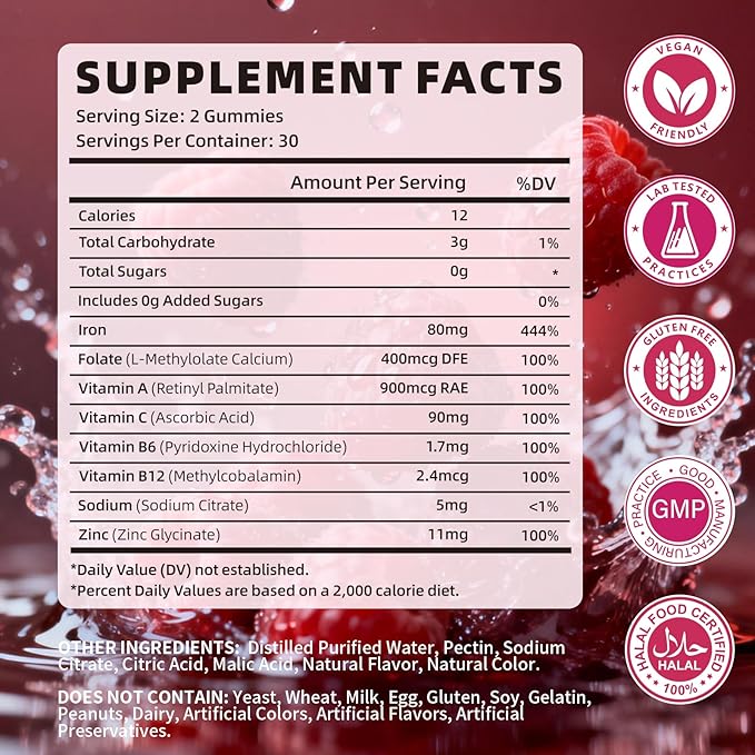 Iron Gummies for Women & Men, Vegan Iron Supplement Gummies with Vitamin C, A, B-Complex, Folate, Zinc- for Immune Health & Energy Support, Raspberry Flavor, 120 Count