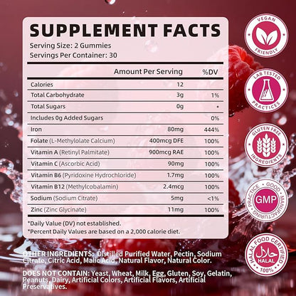 Iron Gummies for Women & Men, Vegan Iron Supplement Gummies with Vitamin C, A, B-Complex, Folate, Zinc- for Immune Health & Energy Support, Raspberry Flavor, 120 Count