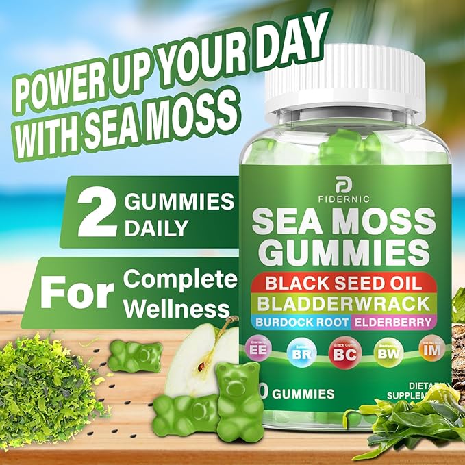 Sea Moss Gummies – Irish Sea Moss with Black Seed Oil, Bladderwrack, Burdock Root for Immune & Detox Support, Vegan Green Apple Flavor Gummies for Adults, Kids, Men, Women - 60 Gummies