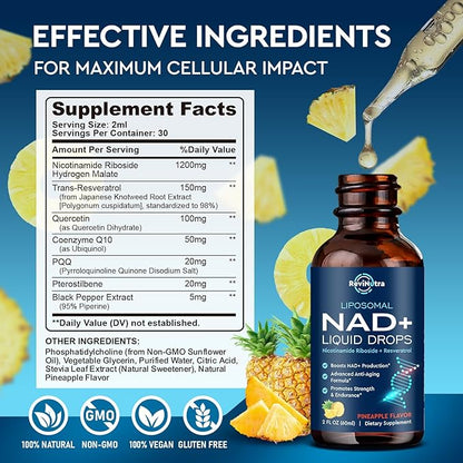 Liposomal NAD Supplement - 1200mg NAD+ Liquid Drops for Women & Men, Nicotinamide Riboside with Resveratrol, PQQ, CoQ10, Quercetin for Anti-Aging, Brain & Cellular Mitochondrial, Pineapple 4 Fl Oz