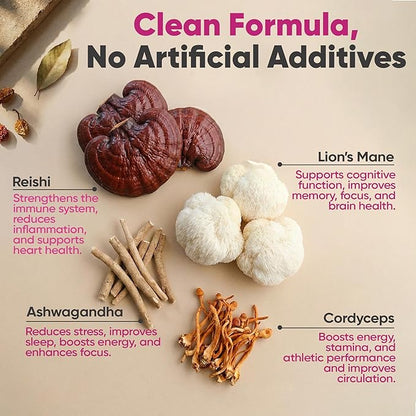 E&H Farms Sleep Mushroom Gummies for Focus & Energy - Prebiotic & Functional Mushrooms with Lion's Mane, Reishi, Cordyceps & Ashwagandha - Low Calorie Daily Vegan Supplement Gummies - 90 Mixed Flavor