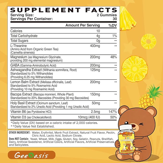 L-theanine 400mg Gummies, l theanine Supplement for Kids & Adults, 9 in 1 High Absorption Theanine Complex for Stress & Focus Support, Pineapple Flavor, 60 Count