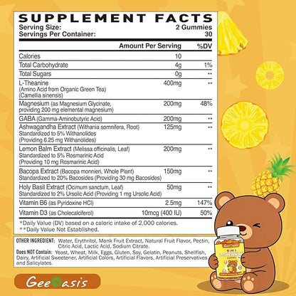 L-theanine 400mg Gummies, l theanine Supplement for Kids & Adults, 9 in 1 High Absorption Theanine Complex for Stress & Focus Support, Pineapple Flavor, 60 Count