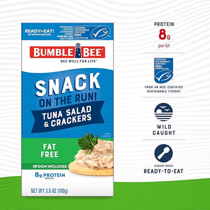 Bumble Bee Snack On The Run Fat-Free Tuna Salad with Crackers Kit- Ready to Eat, Spoon Included - Wild Caught Tuna - Shelf Stable & Convenient Protein Snack, 3.5 Ounce Boxes (Pack of 12)