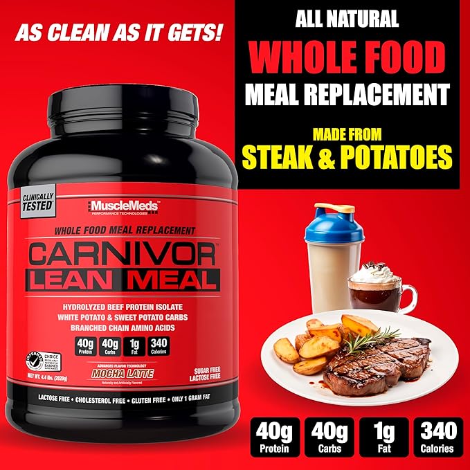 MuscleMeds CARNIVOR Lean Meal Whole Food Meal Replacement Shake, MRE, Beef Protein Isolate, White Potato, Sweet Potato, 40g Protein, 40 g Carbs, Lactose Free, Sugar Free, Mocha Latte 20 Servings