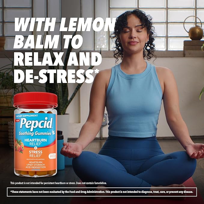 Pepcid Soothing Antacid Gummies, Heartburn Relief + Stress Relief for Occasional Heartburn, Upset Stomach, and Acid Indigestion, with Lemon Balm Extract, Tricalcium Phosphate, Peach-Raspberry, 32 ct