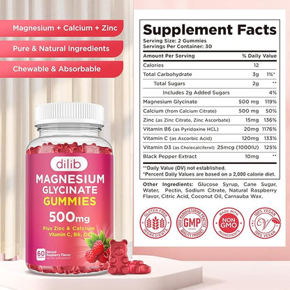 Magnesium Glycinate Gummies 500mg Magnesium Supplement with Calcium, Zinc, Vitamin C, B6, D3-Calm Chewable Gummies for Kids & Adults-Sleep, Mood & Muscle Support-Raspberry Flavor, 60 Gummies
