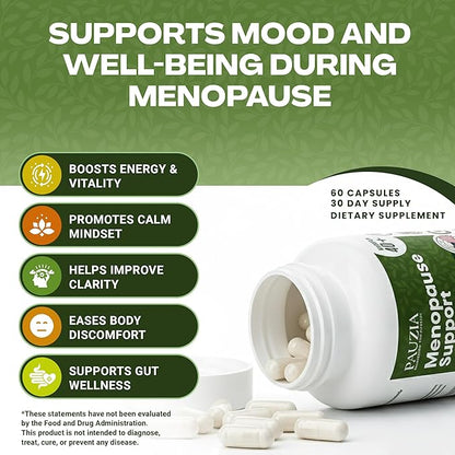 PAUZIA Menopause Supplements for Women 40+ | Natural Menopause Relief with Black Cohosh, Ashwagandha, Vitex | Hot Flash & Mood Support | Hormone-Free | Made in USA (60 Vegan Capsules)