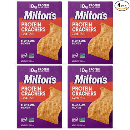 Milton's Protein Crackers, Red Chili - 10g of Plant-Based Protein Per Serving, Gluten Free, Non-GMO Project Verified, Vegetarian-Friendly, Zero Grams Added Sugar Per Serving, 4.25 Oz, Pack of 4