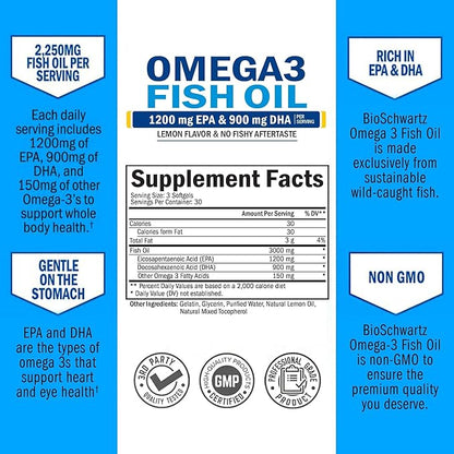 Triple Strength Omega 3 Fish Oil 3000mg - High Potency Omega 3 Supplement for Women and Men, Burpless Lemon Flavor Fish Oil - 2250mg Essential Fatty Acids with DHA & EPA, Wild Caught, 90 Softgels