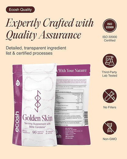 Ecosh Golden Skin Tanning Supplement for Women & Men – Potent Tanning Pills with Beta Carotene, Lutein & L-Tyrosine for Skin Health | Natural Antioxidant Supplement & Tanning Vitamins | 90 Capsules