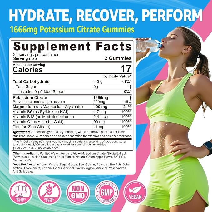Potassium Citrate Gummies 1666mg for Adults - Potassium Supplement, Magnesium Glycinate, Zinc, B6, B12 & C – Electrolyte Gummies for Energy, Recovery & Leg Cramps, Vegan 120 Cts